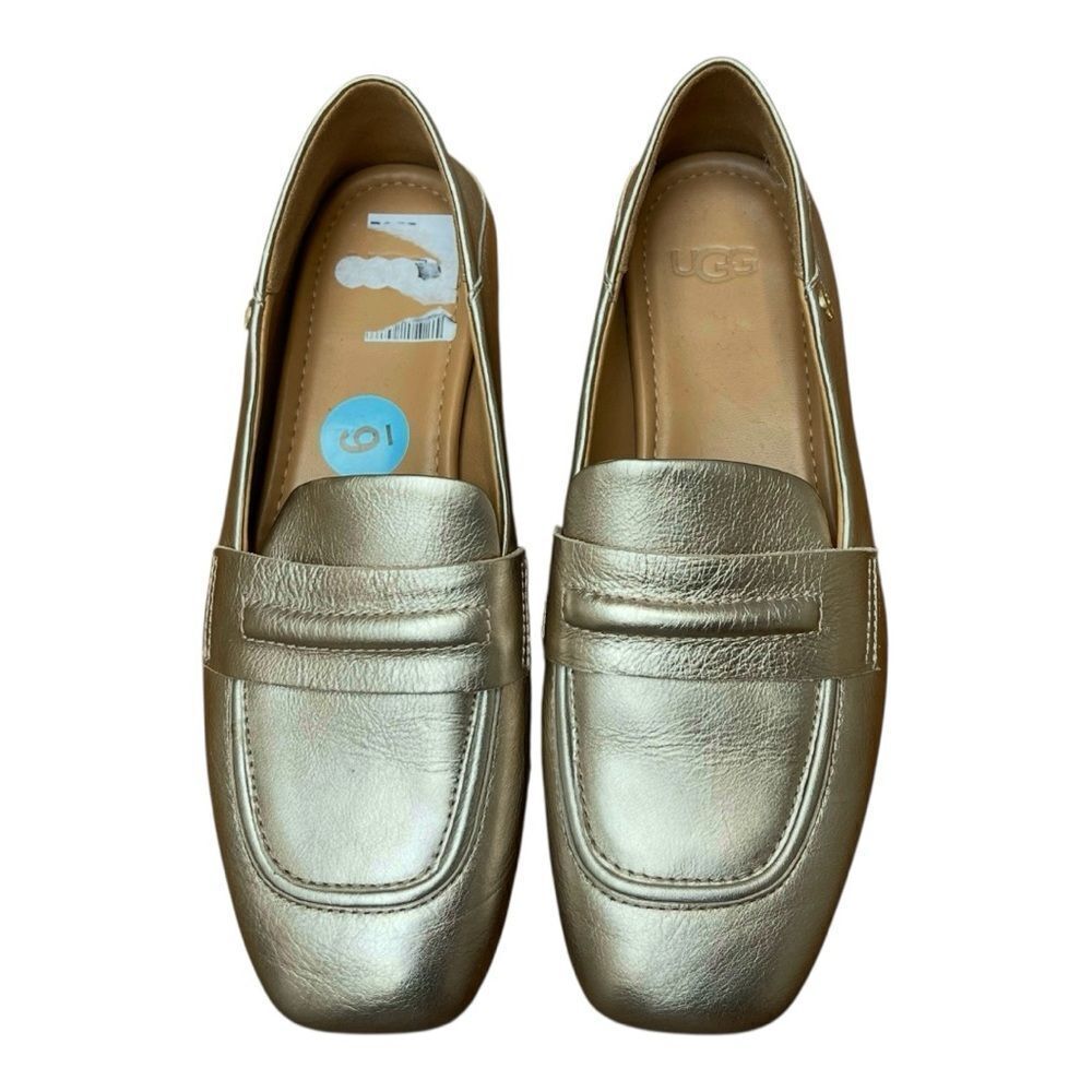 New UGG Janaya Women’s Gold Soft Leather Square Toe Loafers Sz 6 Slip On Classic